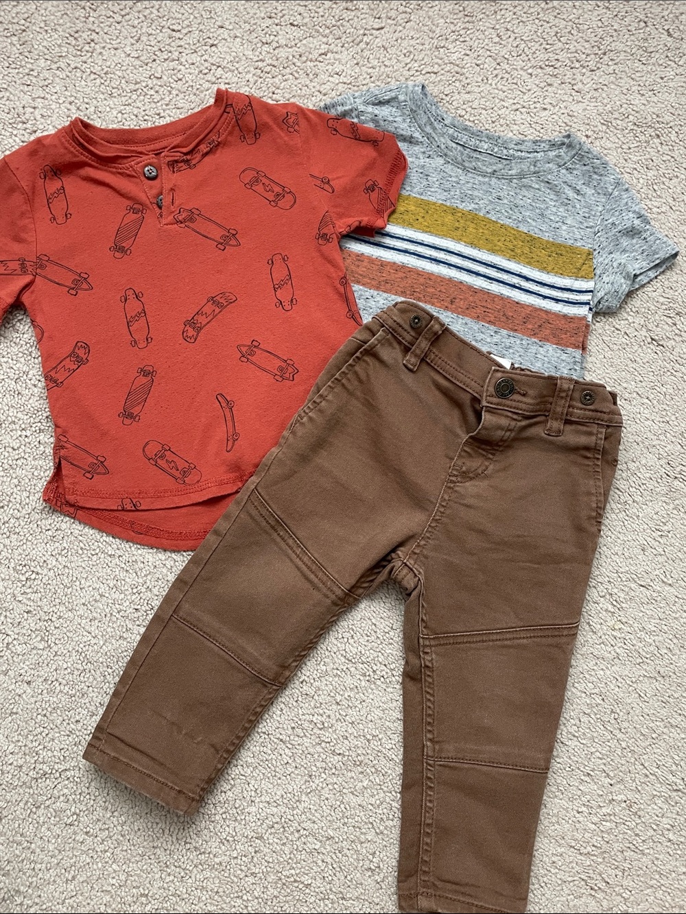 Toddler Brown Jogger Pants with Rust Skate Tee & Striped Grey Top